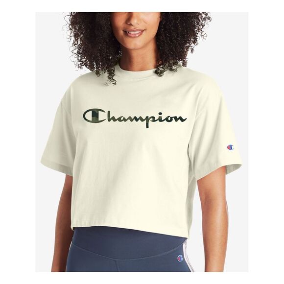 CHAMPION Tops - NWT CHAMPION Womens Ivory Logo Graphic Short Sleeve Crew Neck Crop Top XL